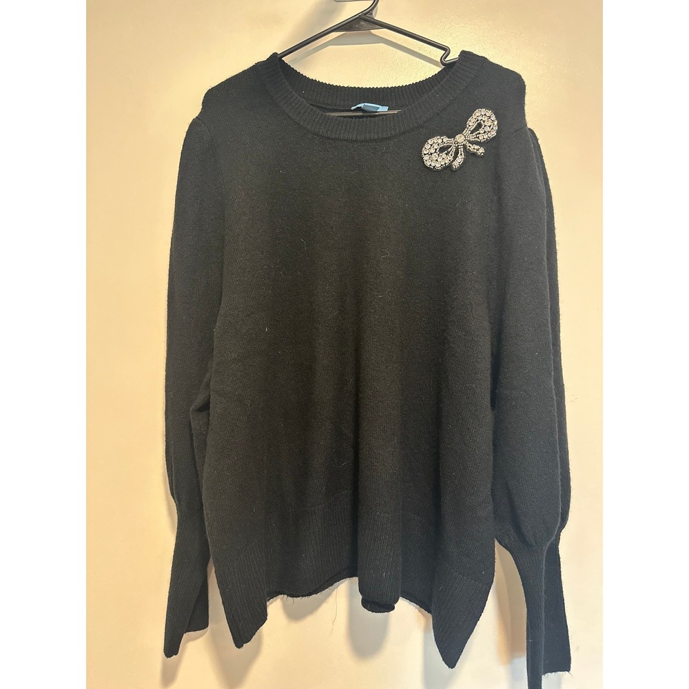 CeCe Coquette Rhinestone Bow Puff Sleeve Sweater Sz:XL Black Crewneck Knit